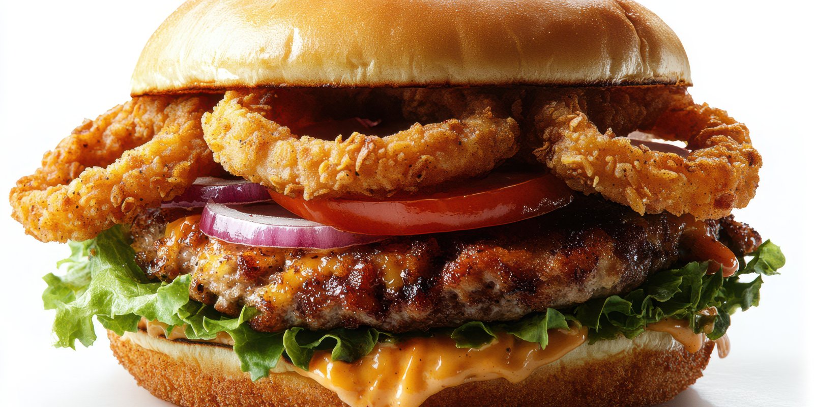 Juicy burger topped with crispy onion rings, fresh lettuce, and sliced tomatoes showcasing summer flavors